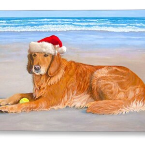 Cartes de voeux Golden Retriever avec bonnet de Noel sur la plage. Blanc à l'intérieur. Peut être personnalisé. Un Noël du sud pour les amateurs de Golden Retriever.