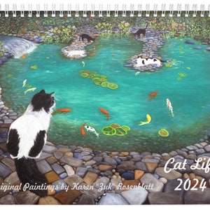 Cat Life 2024 Wall Calendar. "Cats And Koi" cover image. Collection of Cat Paintings. Small 5.5" x 7", Medium 8.5" x 11", Large 11" x 14"