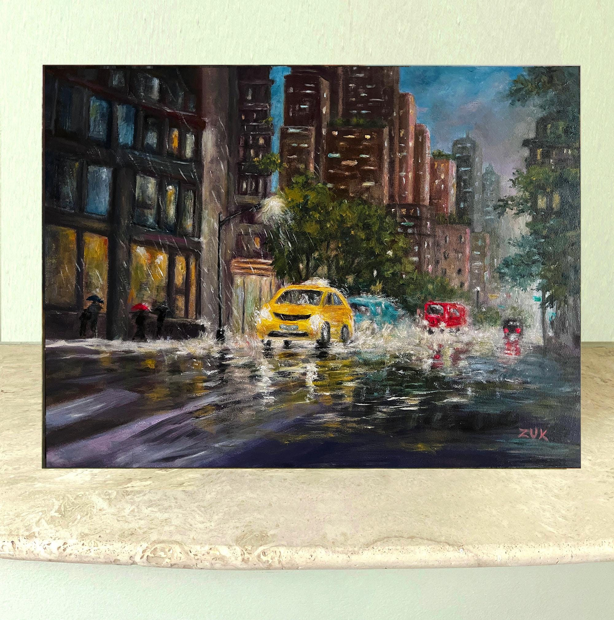ニューヨークの雨の夜 油絵：色彩豊かな都市景観アート - Etsy 日本