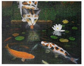 三毛猫と鯉のジグソーパズル：睡蓮の池のアート - Etsy 日本