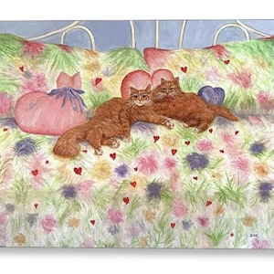 Valentine Cats Greeting Card. Cat lover gift. Orange tabby cats on a colorful bed with abstract floral design and hearts.
