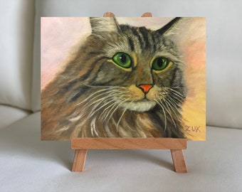 メインクーン猫の油絵、ふわふわの猫の肖像画アート、8x10 - Etsy 日本