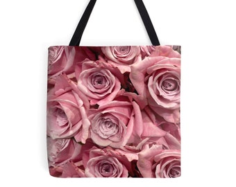 Bolso de rosas rosas. Bolso de rosas rosas rosadas del Día de las Madres. Bolsa colorida de flores de primavera. Regalo para los amantes de las rosas.