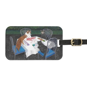 Cats Playing Mahjong Luggage Tag. Unique cat lovers gift featuring whimsical cats in a colorful garden setting. Personalize option.