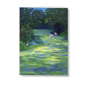 Tarjetas de felicitación del Refugio de Vida Silvestre Everglades, Florida. Interior en blanco y personalizable. Río cubierto de musgo, cielo azul y espátulas rosadas rosadas.
