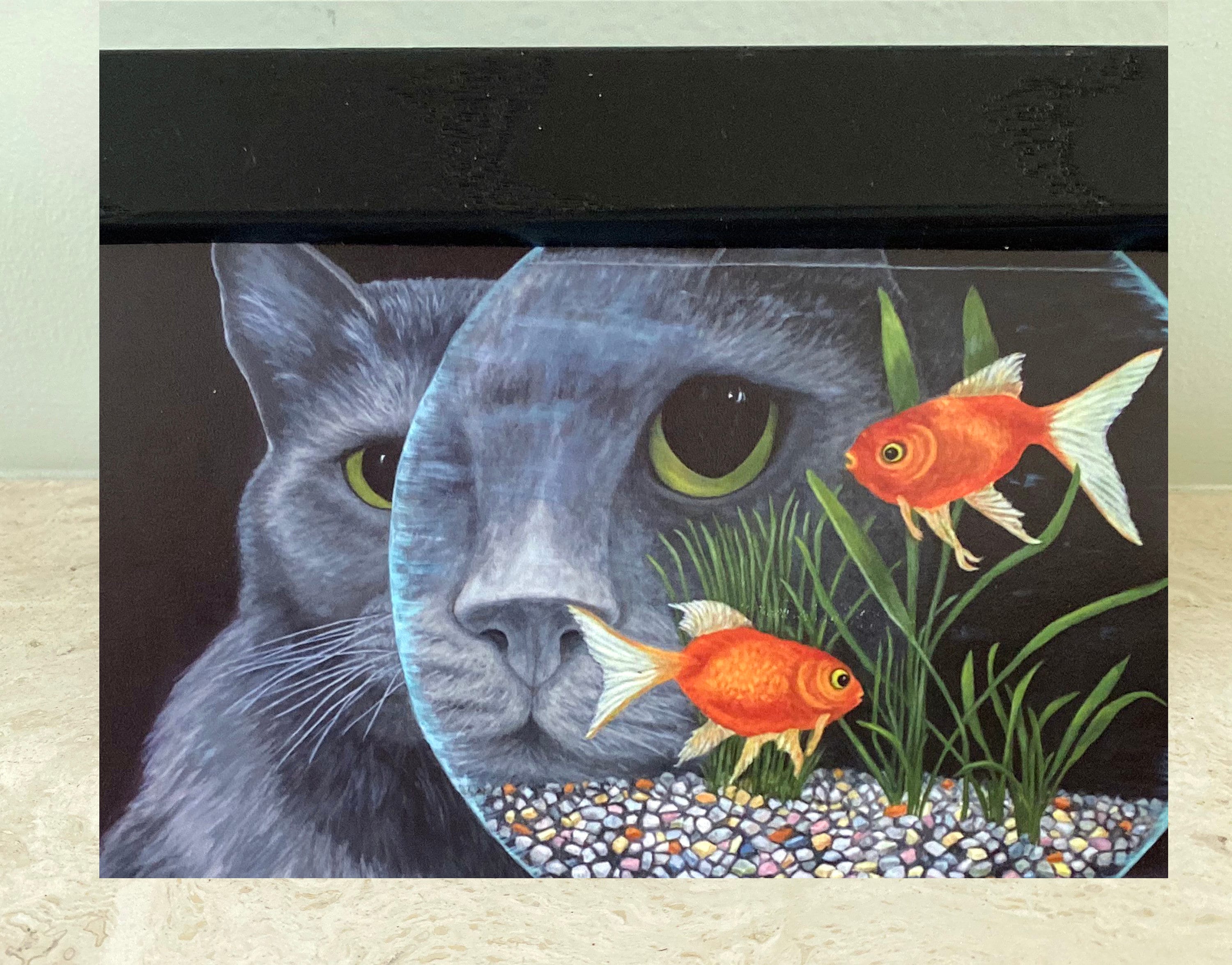 グレーキャットの金魚鉢アート：サイン入り額入りプリント、猫好きへの