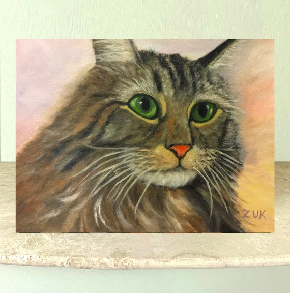 メインクーン猫の油絵、ふわふわの猫の肖像画アート、8x10 - Etsy 日本