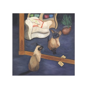 Könnte beinhalten: Ein Gemälde mit zwei siamesischen Katzen, wobei eine die andere in einem Spiegel betrachtet. Die Katze im Spiegel ist braun und weiß, während die Katze, die in den Spiegel schaut, weiß und braun ist. Der Spiegel ist mit Holz gerahmt und trägt ein Schild mit der Aufschrift "Made in China".