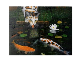 三毛猫と鯉のジグソーパズル：睡蓮の池のアート - Etsy 日本