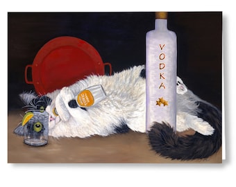 Whimsical cat lovers greeting cards from original oil painting "Catatonic". Long haired tuxedo cat and Vodka Bottle. Red platter accent.