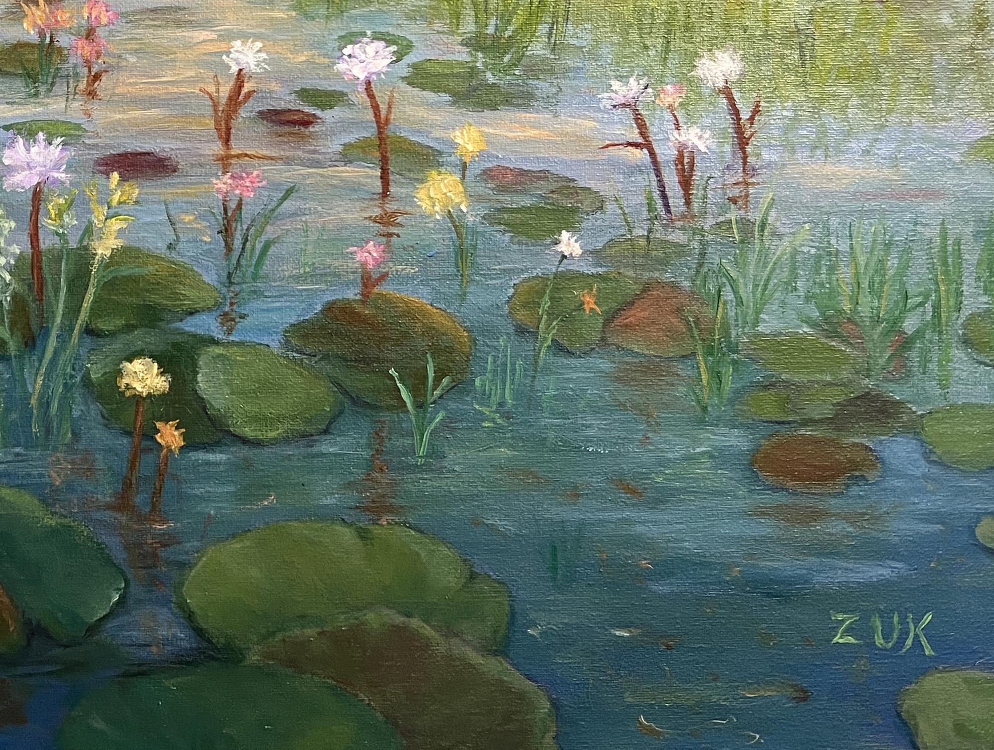 夕焼けの睡蓮 油絵：カラフルな水の反射アート、12x16インチ