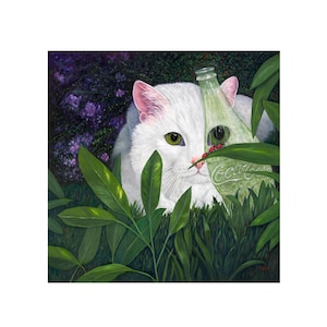 White Cat & Ladybugs Art Print: Whimsical Coca-Cola Bottle Painting