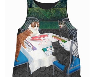 Cats Playing Mahjong Sleeveless Top. Whimsical cats in a colorful garden setting. Green foliage background. Cats and Mahjong Lovers Gift.