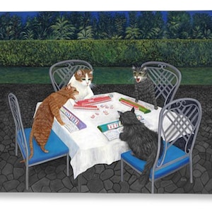 Katten die mahjong spelen. Grillige kattenliefhebbers-wenskaart van origineel olieverfschilderij "Meowjong - Cats Playing Mahjong".
