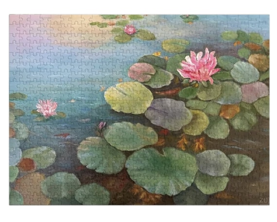 睡蓮と花のジグソーパズル、色とりどりの睡蓮と水の反射。 - Etsy 日本