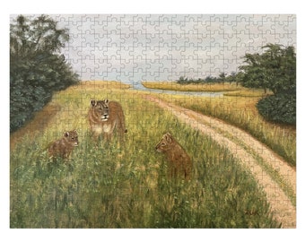 African Lioness and Cubs Jigsaw Puzzle. Out of the Jungle on Safari in South Africa.
