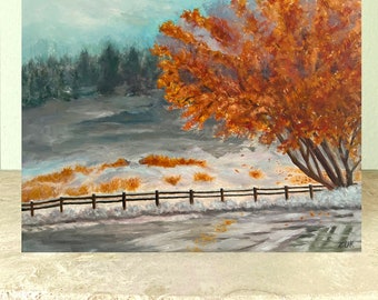 Autumn Tree and Snow Oil Painting. Colorado Fall Snow Scene .