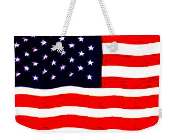 American Flag Weekender Tote Bag. Red, white and blue waving stars and stripes. USA patriotic bag.