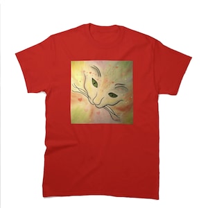 Whimsical Cat T-Shirt: Abstract Colorful Cat Face, Hearts