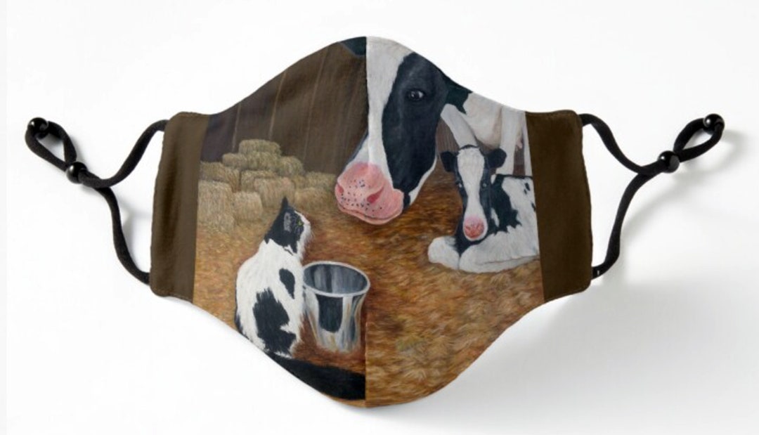 Cat, Cow and Calf Face Mask. Adults and Kids. Tuxedo Cat in Barn With ...