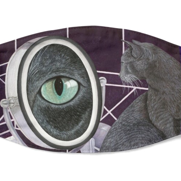 Russian Blue Cat Looking in Magnifying Mirror face mask whimsical cat lover gift. Adults and kids. Breathable polyester. Several styles.