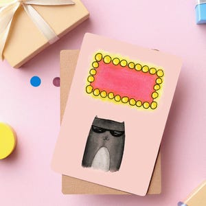 Personalisierbare Grußkarte: Schwarze Katze mit Sonnenbrille und Leuchtreklame