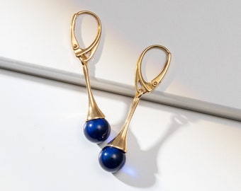 Blue Amber Drop Earrings: Gold Plated Sterling Silver Leverback Dangle