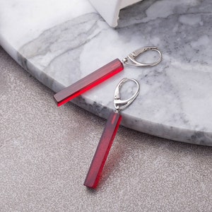 Red Amber Earrings, long bar drop dangle shape,  sterling silver 925 closure, minimalist style