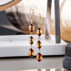 Natural Baltic Amber Earrings, Faceted olive shape beads, handmade, Gold plated silver closure, mothers day gift, gift for her