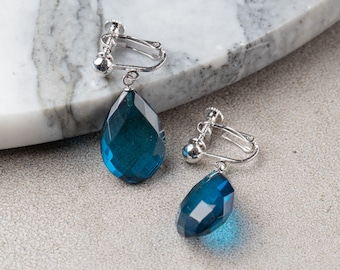 Blue Amber Sterling Silver Drop Earrings, Lever Back Closure