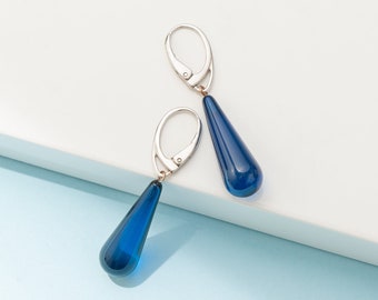 Precious Azure Amber Earrings Handmade Sterling Silver 925 Drop shaped Blue Color