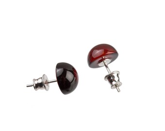 Natural baltic amber earrings, handmade of 10mm cabochon & sterling silver 925 stud, dark cherry color