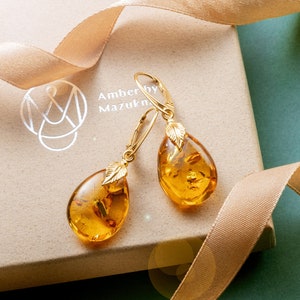 Natural Baltic Amber Drop Earrings, Gold Plated Sterling Silver Closure, Sparkling Amber droplet with flakes, Cognac Color, Genuine Amber