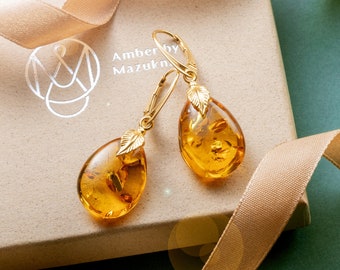 Natural Baltic Amber Drop Earrings, Gold Plated Sterling Silver Closure, Sparkling Amber droplet with flakes, Cognac Color, Genuine Amber