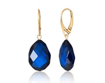 Dangle Earrings for Women - Blue Amber - Faceted Drop Shape with Lever Back Closure - Handmade Amber Jewelry - Luxury Gemstone Earrings