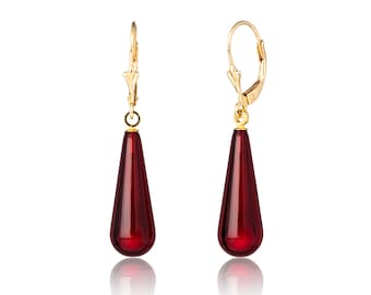Red Amber Drop Earrings - Gold Plated Sterling Silver Lever Backs
