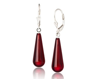 Red Amber Drop Dangle Earrings - Sterling Silver Lever Back Closure - Cherry Amber Droplet - Gemstone Jewelry for Women - 2g/0.07oz