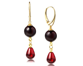 Red Baltic Amber Drop Earrings: Gold Plated Sterling Silver Leverbacks