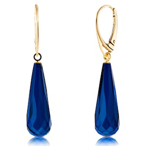 Blue Amber Drop Earrings: Gold Plated Sterling Silver Leverback TearDrop Jewelry