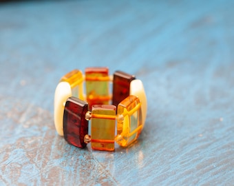 Natural  Baltic Amber Ring, Rectangular Leaflet Shape, Stretch ring, Amber ring for woman, Mothers day gift, Genuine amber jewelry