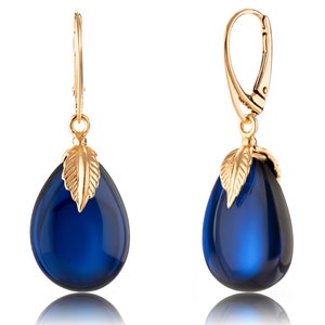 Blue amber earrings with gold plated sterling silver fitting & lever back closure, Blue amber droplet, Dangle amber earrings for her