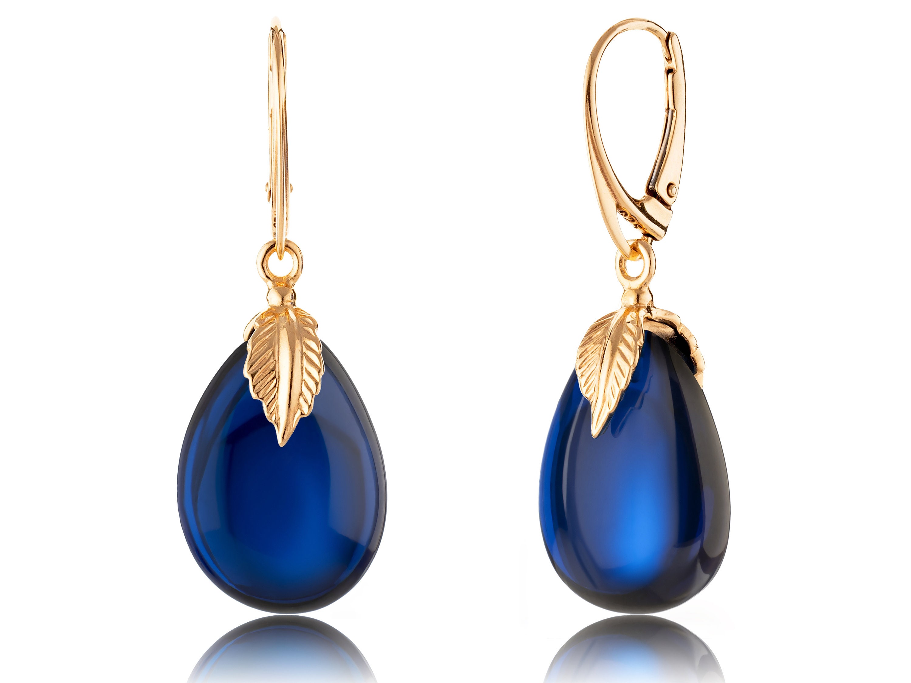 Blue amber earrings with gold plated sterling silver fitting & lever back closure, Blue amber droplet, Dangle amber earrings for her