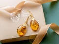 Natural Baltic Amber Drop Earrings, Gold Plated Sterling Silver Closure, Sparkling Amber droplet with flakes, Cognac Color, Genuine Amber product logo