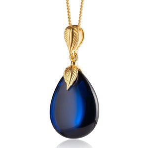 Blue Amber Pendant with Gold Plated Sterling Silver Fitting, Blue Amber Droplet, Unique Dark Blue Oval Pendant, Amber Gift for Women