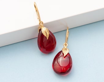 Red amber drop earrings with gold plated sterling silver fitting & lever back closure, Red amber droplet, Dangle amber earrings for her