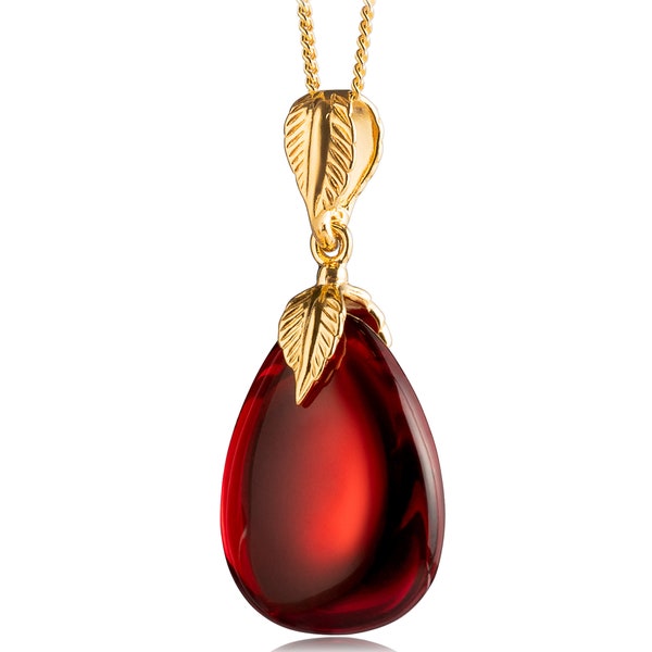 Red Amber Pendant with Gold Plated Sterling Silver Fitting, Garnet Red Amber Droplet, Unique Burgundy Red Oval Pendant, Amber Gift for Women