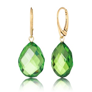 Green Amber Drop Earrings, Dangle Faceted Amber Earrings for Women, Gold Plated Leverback Closure, Natural Amber Handmade Jewelry