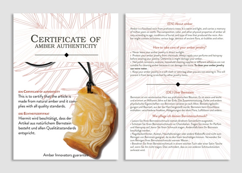 May include: A pendant made of amber, featuring a carved profile, hangs from a black cord. The pendant is a warm, golden color. The image includes a certificate of authenticity with text in English and German.