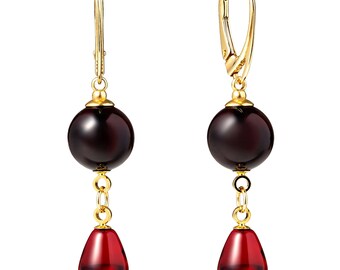 Red Baltic Amber Drop Earrings, Yellow Gold Plated Sterling Silver