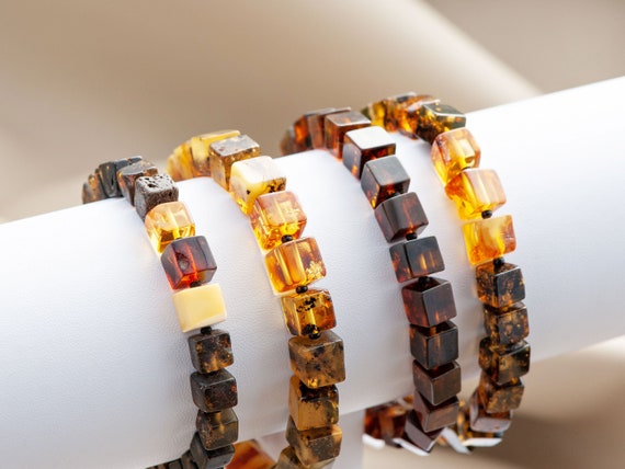 Natural Baltic amber bracelets made of cube shape beads, Raw finish, Natural amber colors mens bracelets, Gift for dad, Mens jewelry